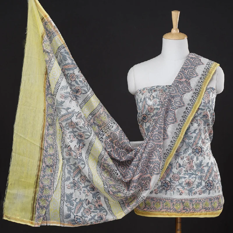 Act Now Grey - 3pc Sanganeri Block Printed Chanderi Silk Suit Material Set