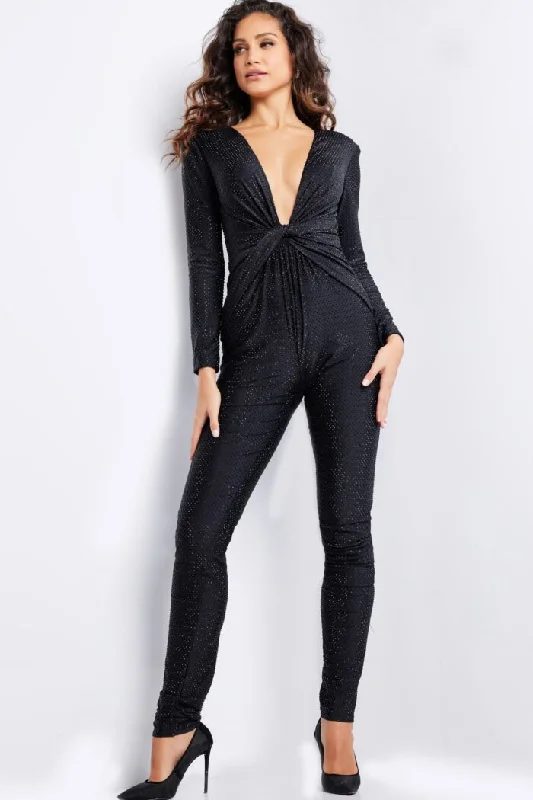 Stock Clearance Jovani 24537 Beaded Long Sequin V Neckline Formal Jumpsuit