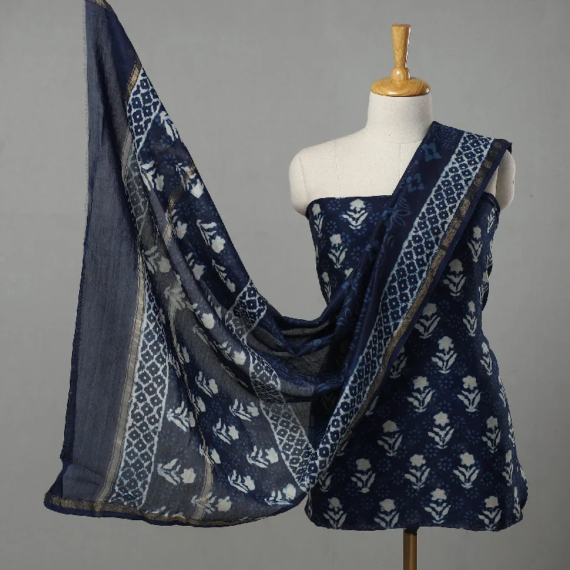 Grand Opening Sale Blue - 3pc Chanderi Silk Indigo Bagru Print Dress Material 08