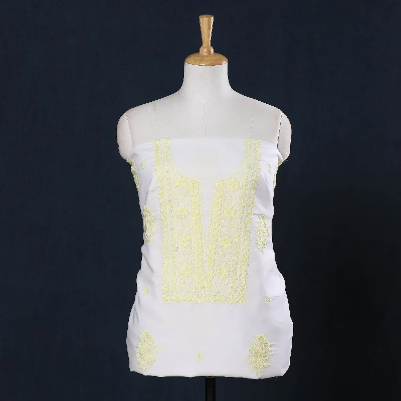 Shop and Save White - Lucknow Chikankari Hand Embroidery Chanderi Silk Kurta Material - 3 Meter