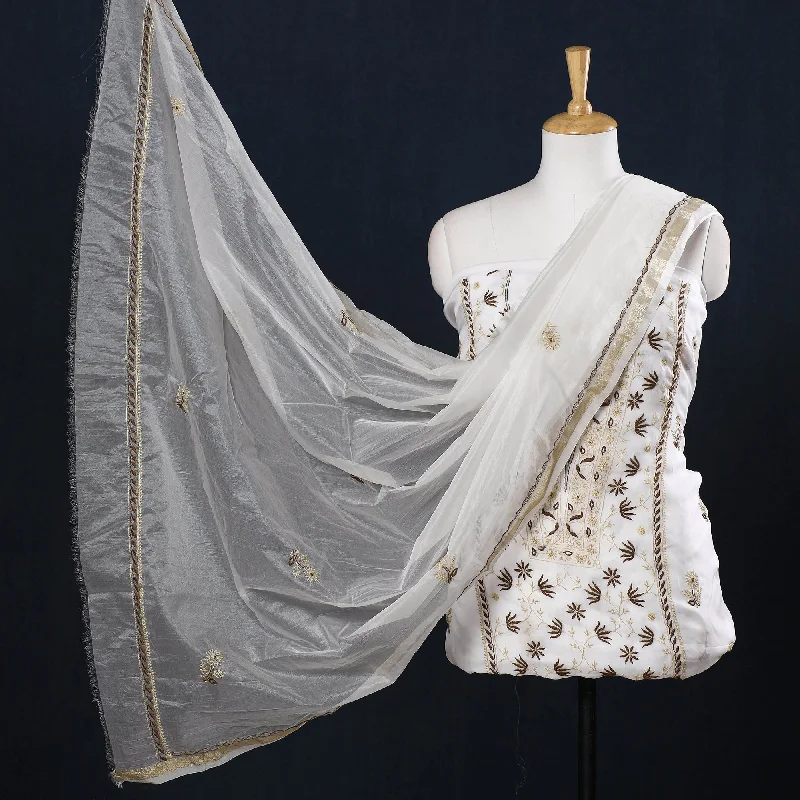 Friends and Family Sale White - 2pc Hand Embroidery Chanderi Silk Chikankari Dress Material