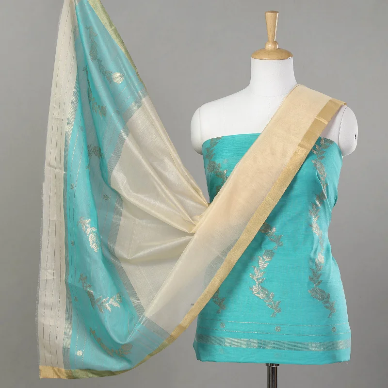 Limited Edition Green - 3pc Chanderi Silk Cotton Handloom Flower Zari Buta Suit Material Set