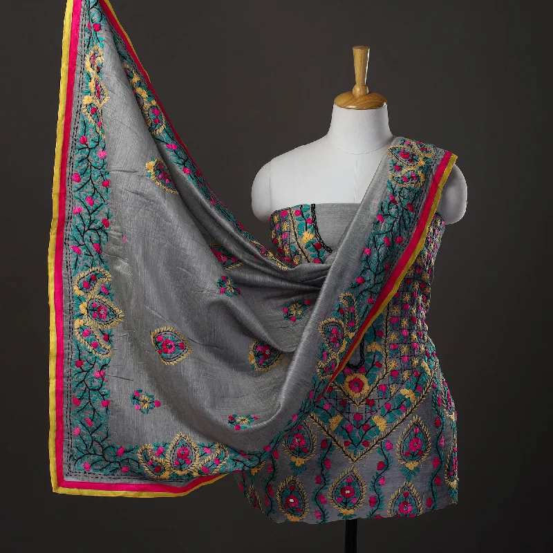 Price Drop Grey - 3pc Hand Embroidery Chanderi Silk Phulkari Dress Material 54