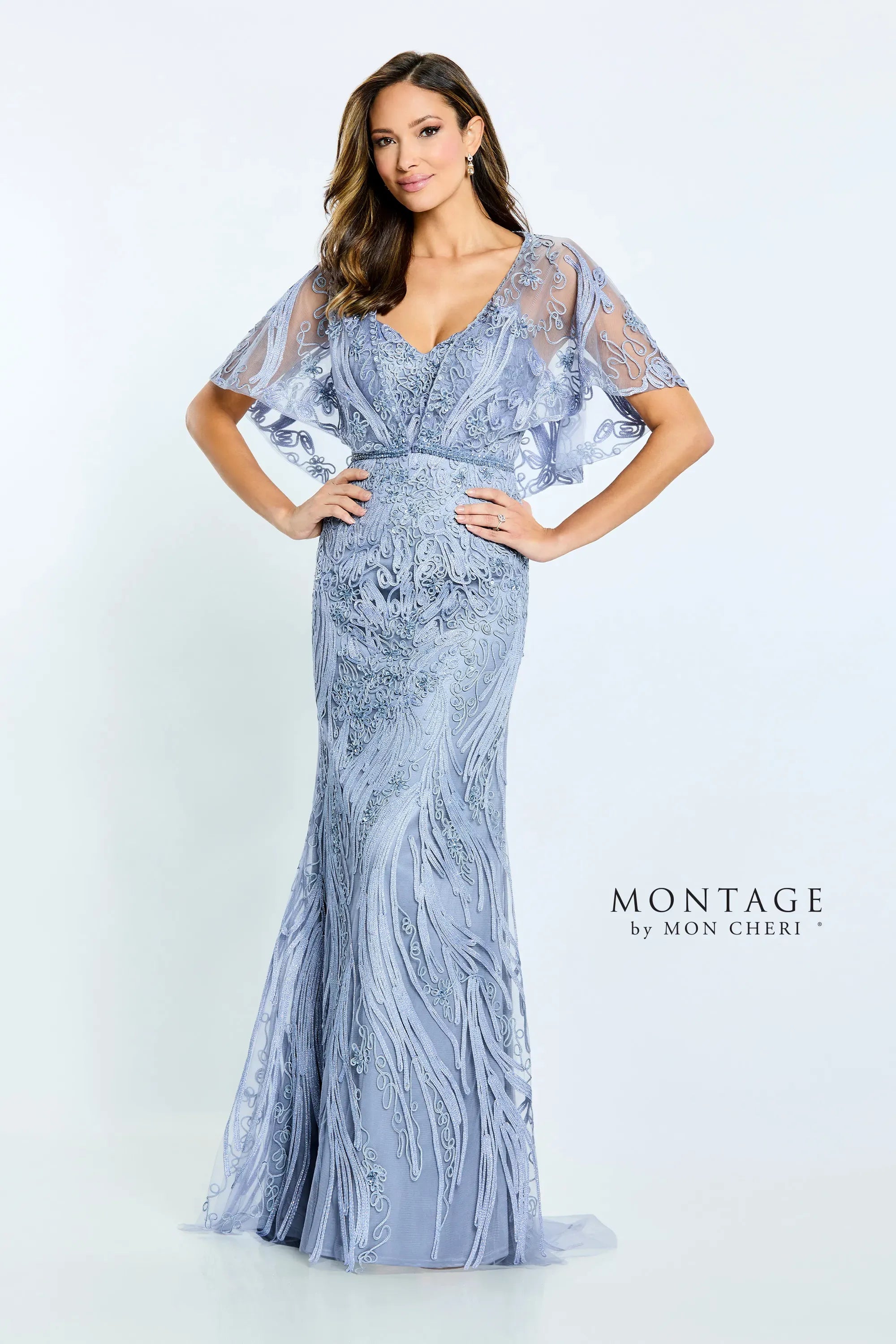 Special Savings Montage M511 Long Formal Detachable Capelet Lace Dress