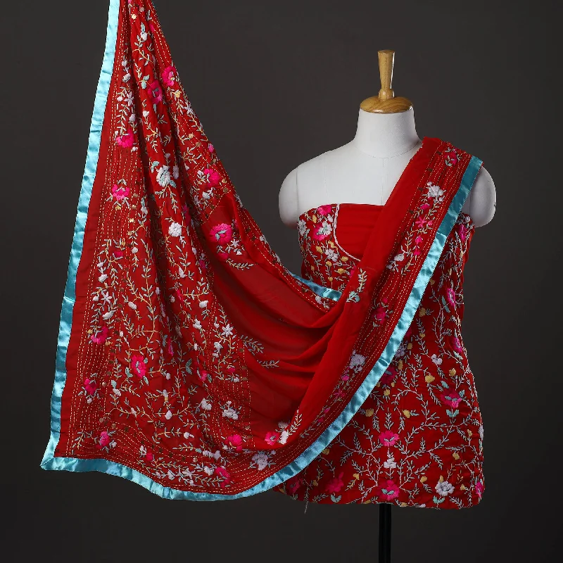 New Deals Red - 3pc Hand Embroidery Georgette Phulkari Dress Material 22