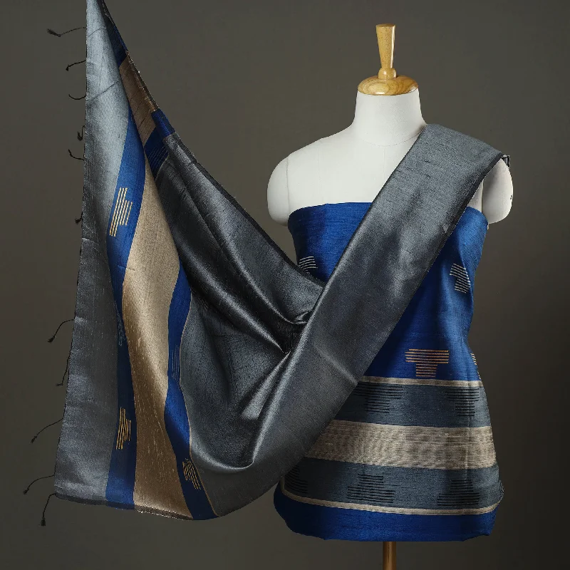 New Markdowns Blue - 3pc Bhagalpuri Tussar Silk Dress Material Set 05