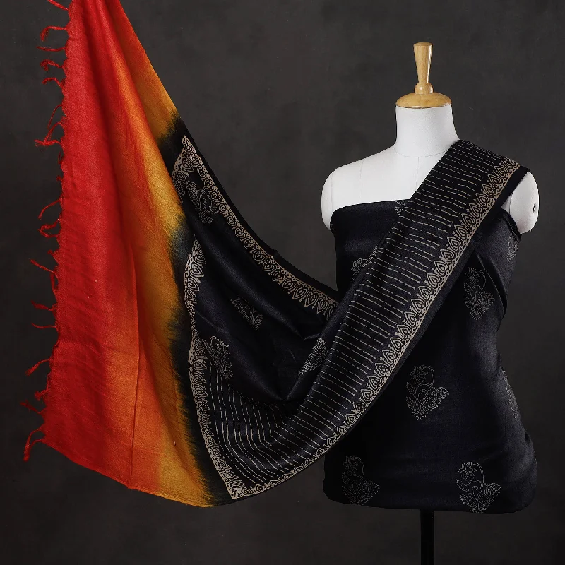 Price Drop Black - 2pc Block Printed Tussar Silk Handloom Suit Material Set