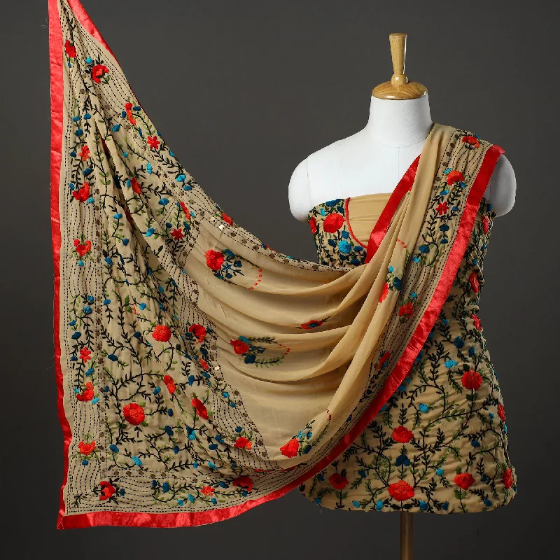 Markdowns Brown - 3pc Hand Embroidery Georgette Phulkari Dress Material 47