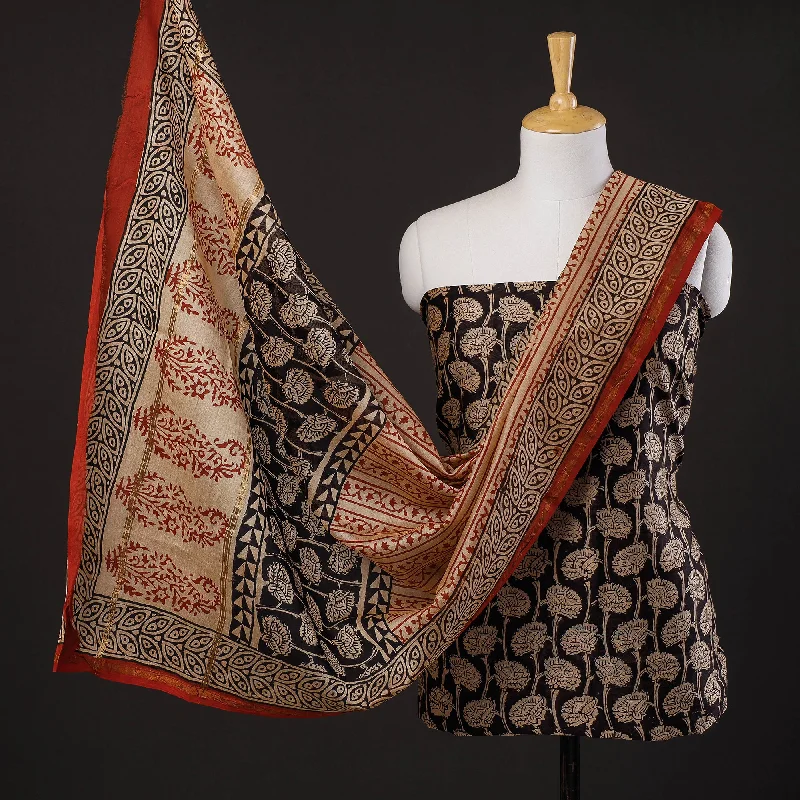 Discount Deals Black - 3pc Bagru Block Printed Chanderi Silk Suit Material Set