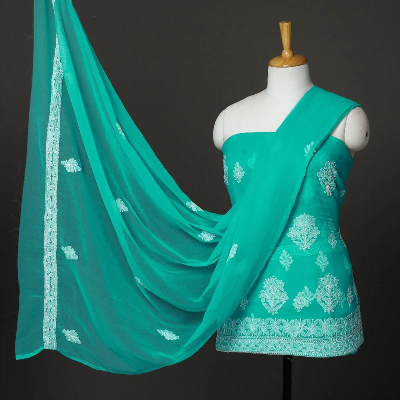 Exclusive Deal Green - 3pc Embroidery Georgette Chikankari Dress Material 08