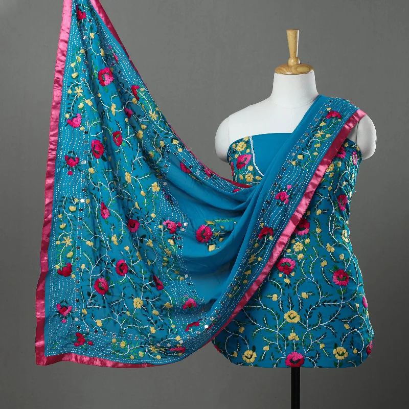 Blowout Deals Blue - 3pc Hand Embroidery Georgette Phulkari Dress Material 17