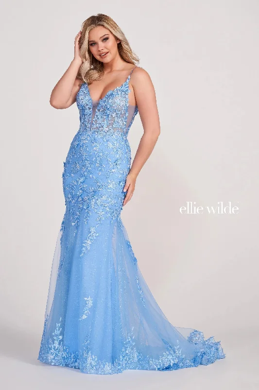 Price Drop Ellie Wilde EW34067 Fitted Long Formal Applique Prom Dress