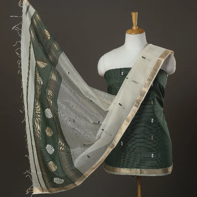 Bargain Prices Green - 3pc Zari Buti Handloom Chanderi Silk Dress Material 04