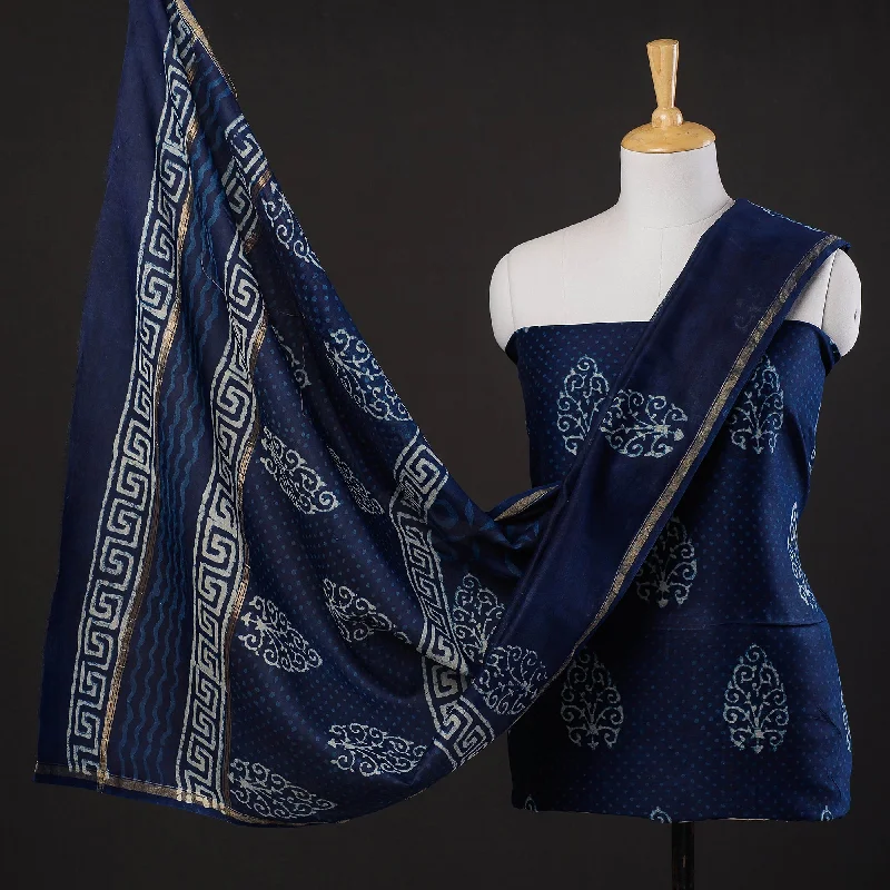 Huge Discounts Blue - 3pc Dabu Block Printing Chanderi Silk Suit Material Set