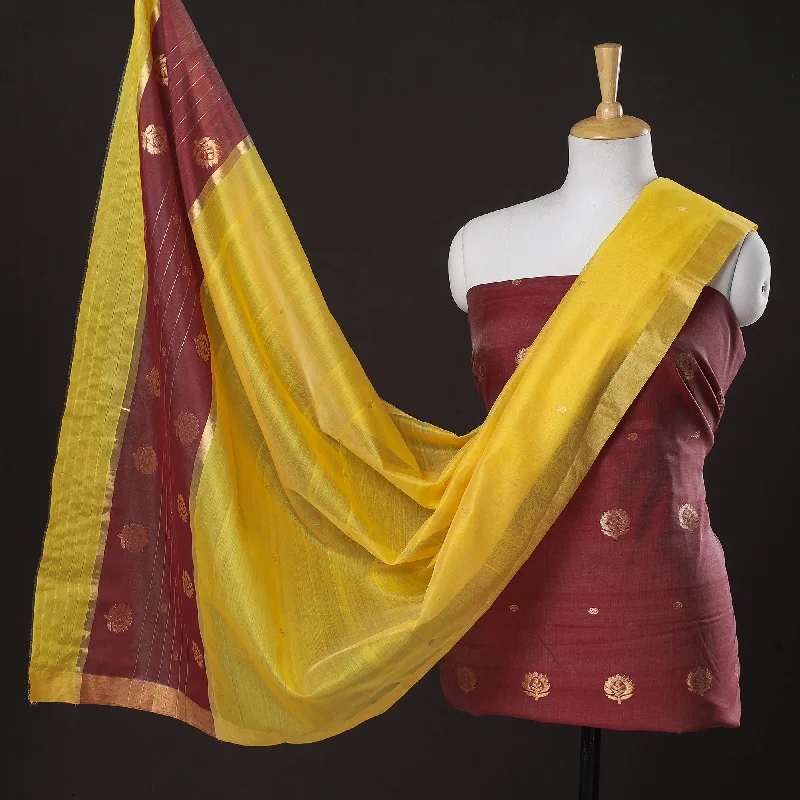 Price Reduction Maroon - 3pc Chanderi Silk Handloom Flower Zari Buta Suit Material Set