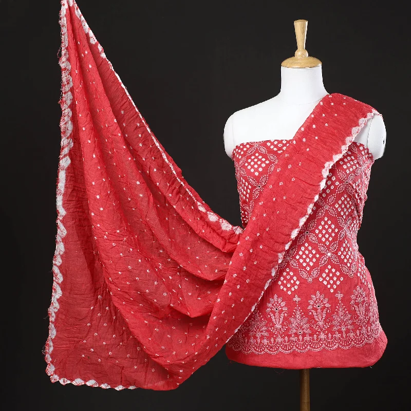 Deal Zone Red - 3pc Kutch Bandhani Tie-Dye Satin Cotton Suit Material Set