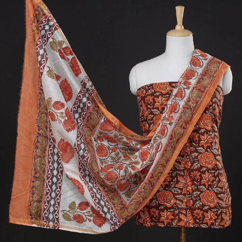 Price Drop Orange - 3pc Sanganeri Block Printed Chanderi Silk Suit Material Set