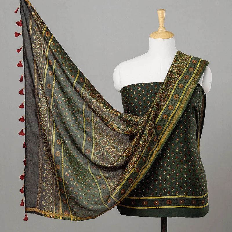 Today Only Green - 2pc Ajrakh Block Printed Chanderi Silk Suit Material Set