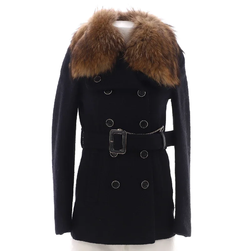 Special Buy Women's Double Breasted Belted Chain Peacoat Wool with Fur