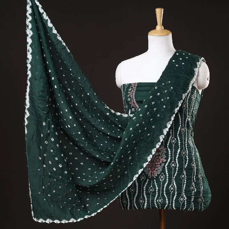 Discount Deals Green - 3pc Kutch Bandhani Tie-Dye Sequin Work Satin Cotton Suit Material Set 79