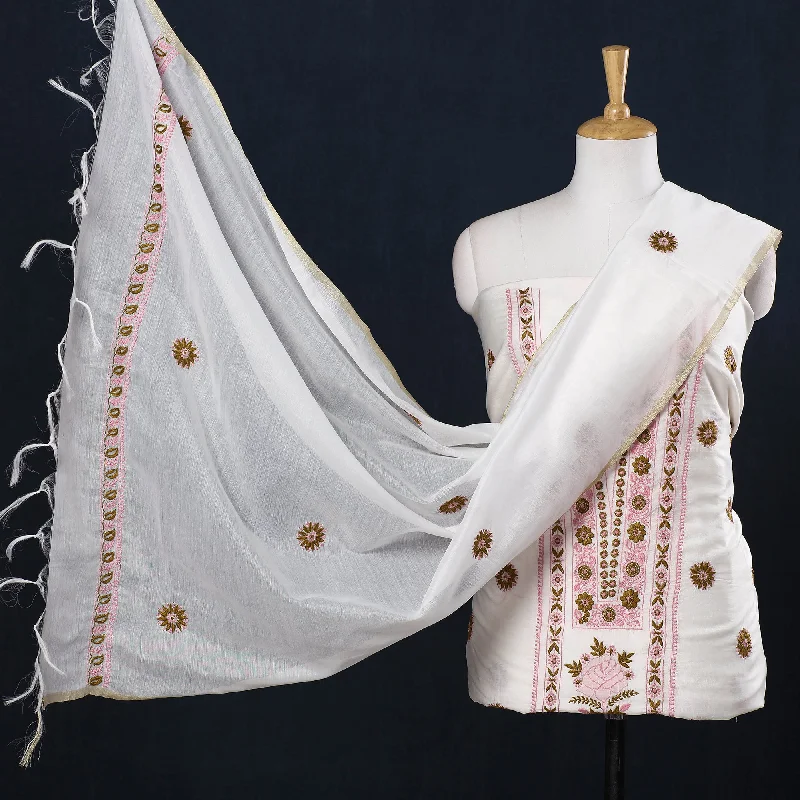 Grand Opening Sale White - 2pc Hand Embroidery Chanderi Silk Chikankari Dress Material