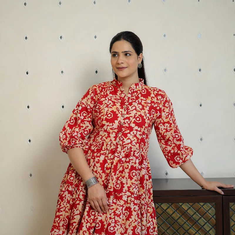 Today’s Deal Red - Pure Cotton Tiered Batik Print Dress 09