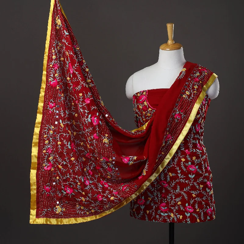 Don't Wait Red - 3pc Hand Embroidery Georgette Phulkari Dress Material 25
