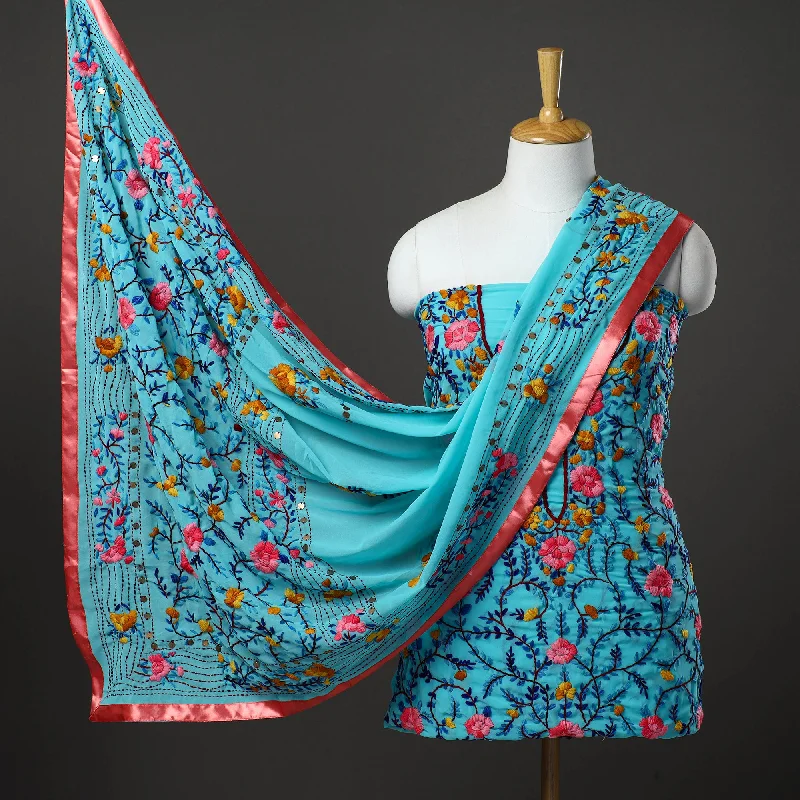 Value Deals Blue - 3pc Hand Embroidery Georgette Phulkari Dress Material 22
