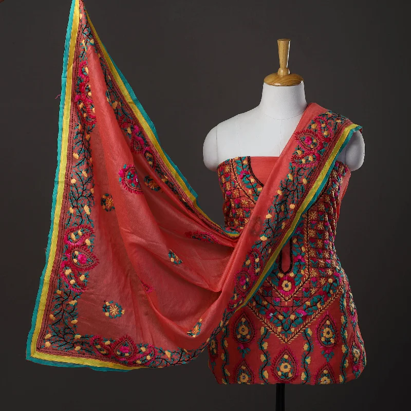 Price Rollback Orange - 3pc Hand Embroidery Chanderi Silk Phulkari Dress Material 62