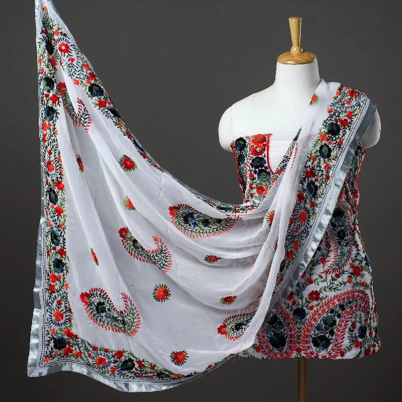 Super Bargain White - 3pc Hand Embroidery Georgette Phulkari Dress Material 42