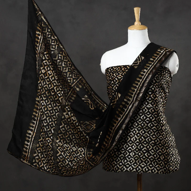 Discount Extravaganza Brown - 3pc Chanderi Silk Hand Batik Print Dress Material