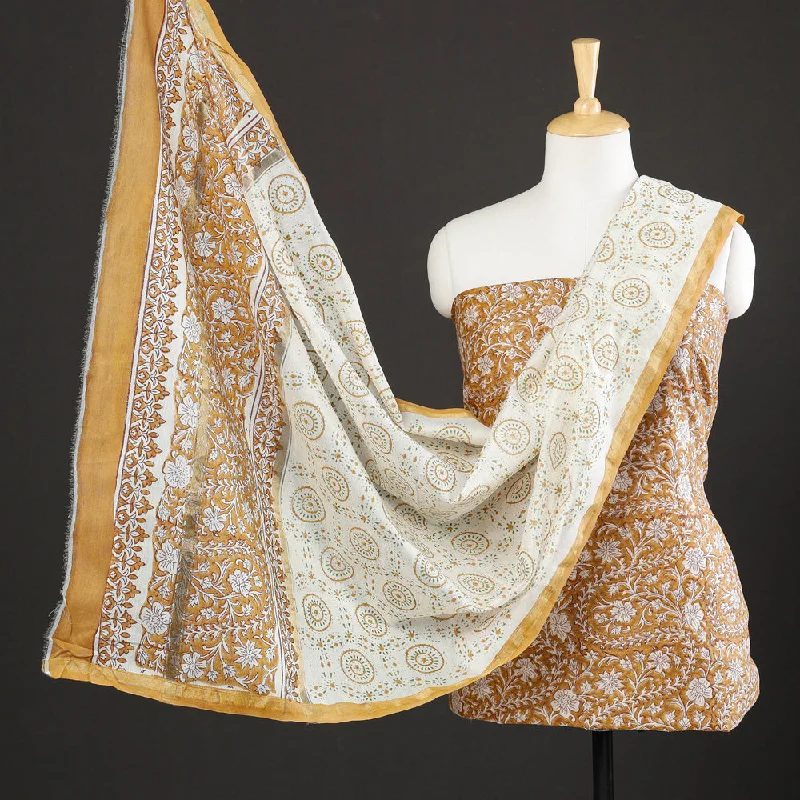 Loyalty Reward Brown - 3pc Sanganeri Block Printed Chanderi Silk Suit Material Set