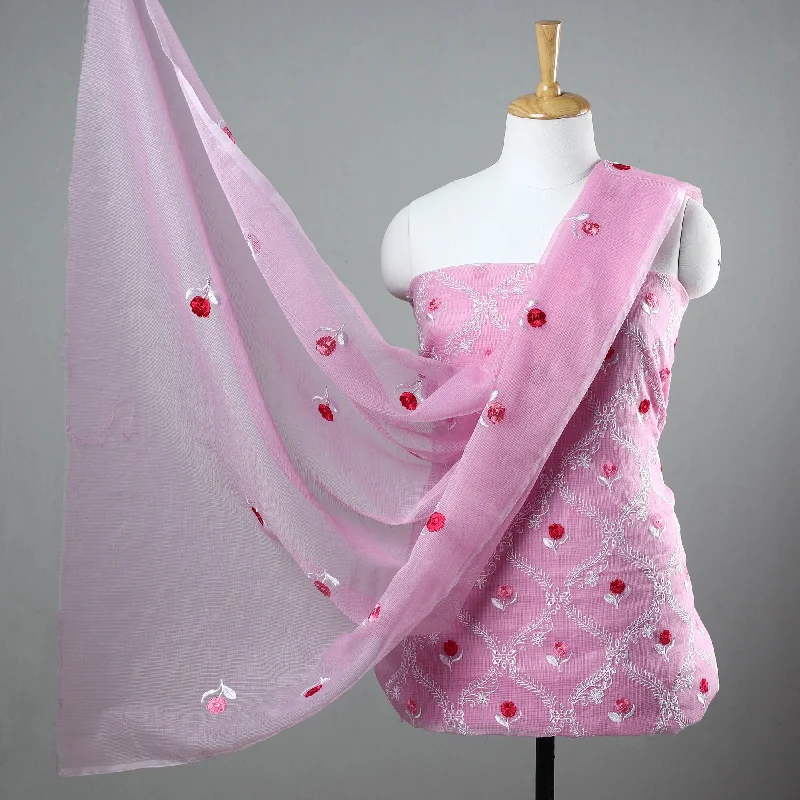 Super Bargain Pink - 3pc Cotton Embroidered Kota Doria Dress Material 05