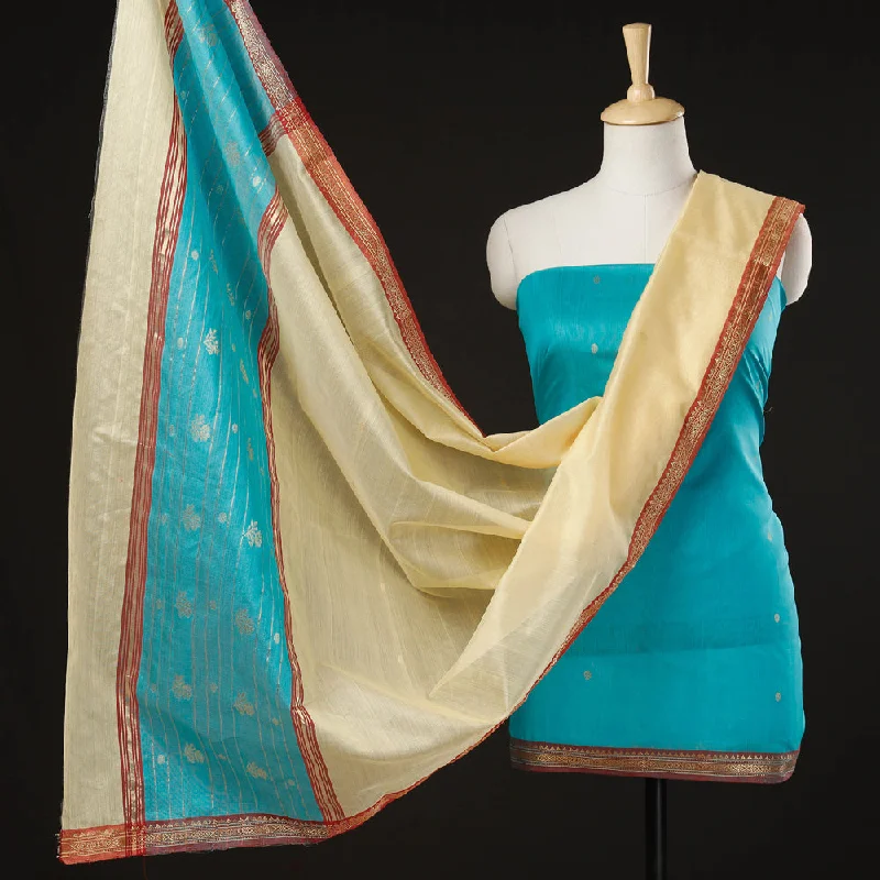 Overstock Sale Blue - 3pc Chanderi Silk Handloom Zari Buti Suit Material Set with Nakshi Zari Border