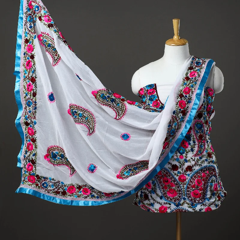 Deep Discounts White - 3pc Hand Embroidery Georgette Phulkari Dress Material 51