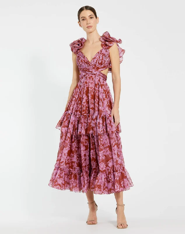 Don't Wait Mac Duggal 68644 A Line Floral Print Tea Length Formal Dress