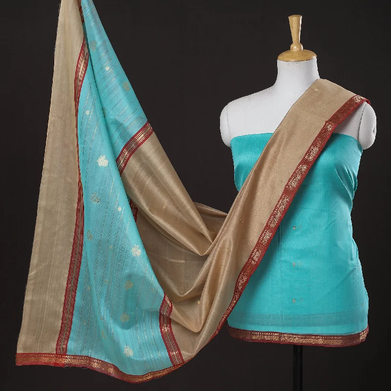 Closeout Blue - 3pc Chanderi Silk Handloom Nakshi Zari Suit Material Set