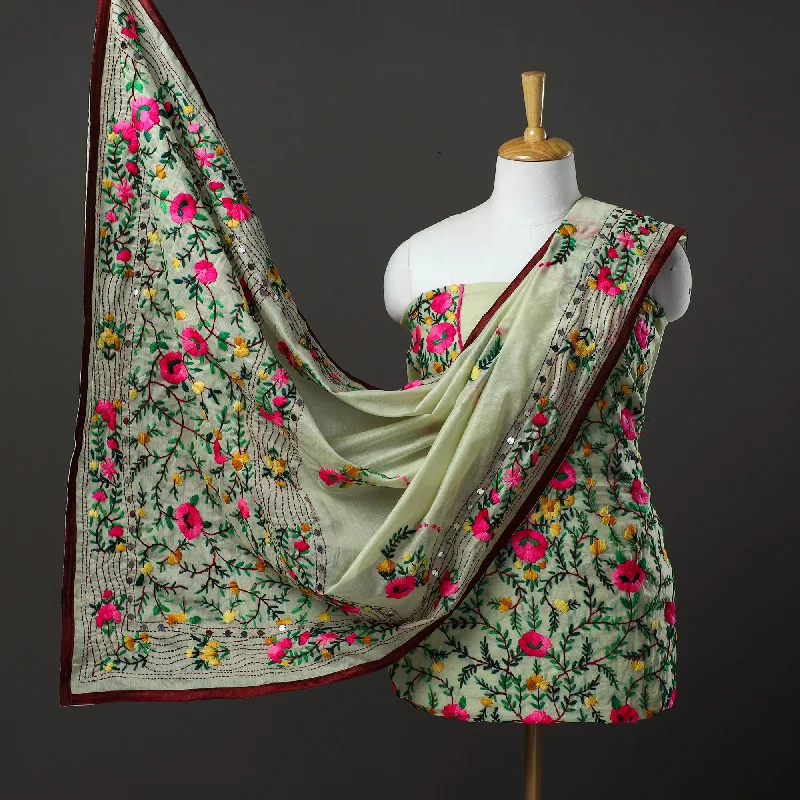 Bargain Bin Green - 3pc Hand Embroidery Chanderi Silk Phulkari Dress Material 75