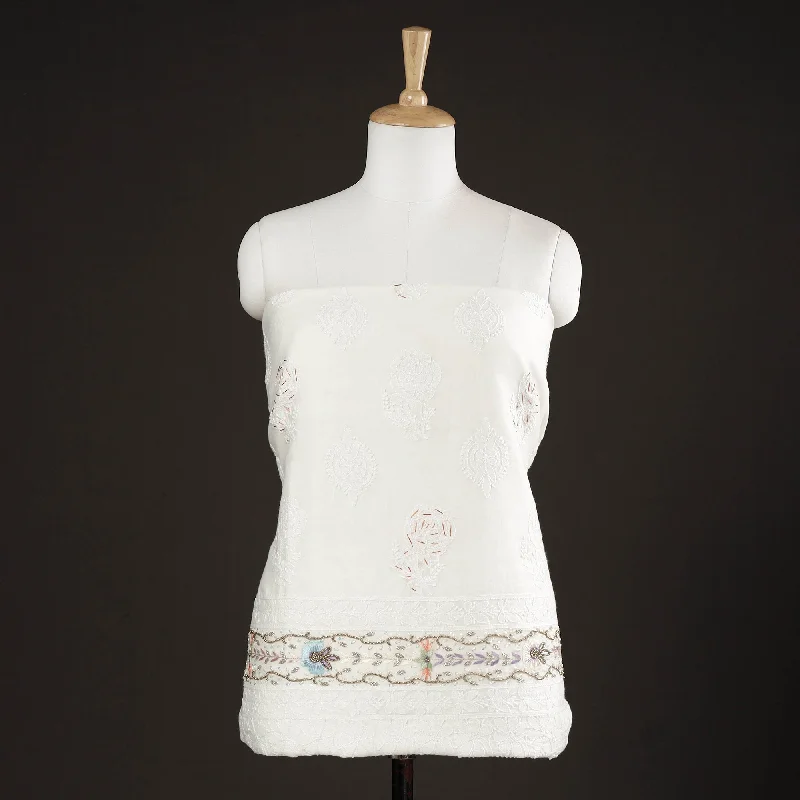 Season Finale Sale White - Lucknow Chikankari with Parsi Style Embroidery Chanderi Silk Kurta Material - 3.1 Meter