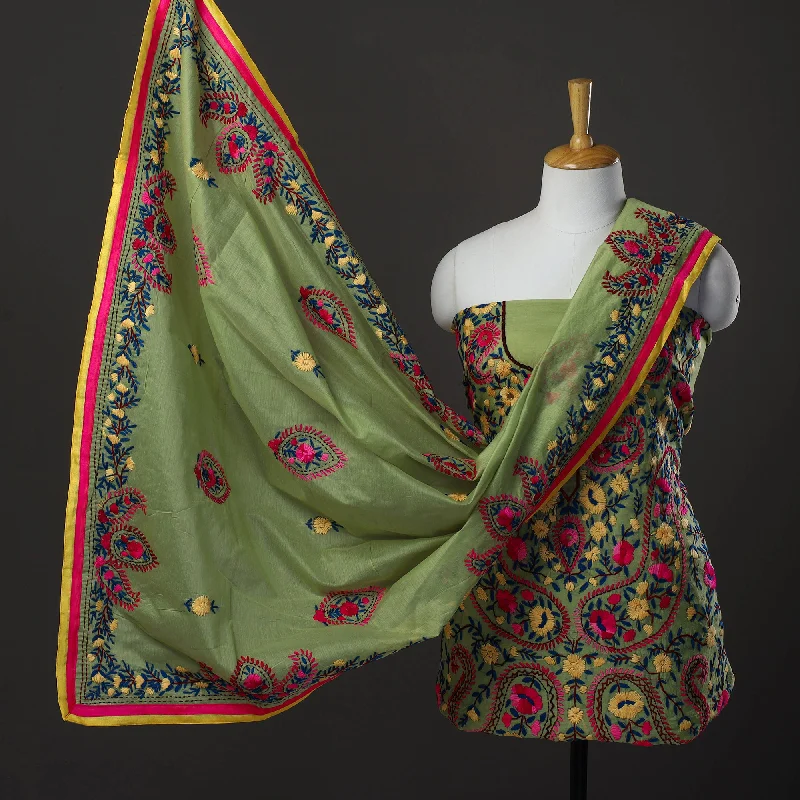 Today’s Deal Green - 3pc Hand Embroidery Chanderi Silk Phulkari Dress Material 38