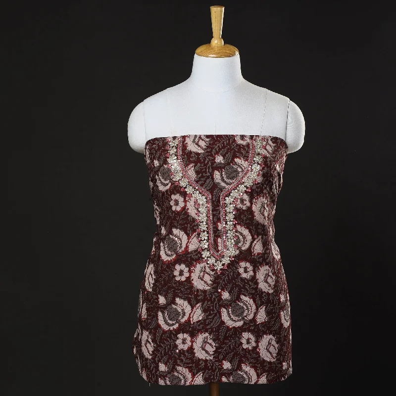 Deal of the Week Brown - Bead Work Embroidery Bagru Print Cotton Kurta Material