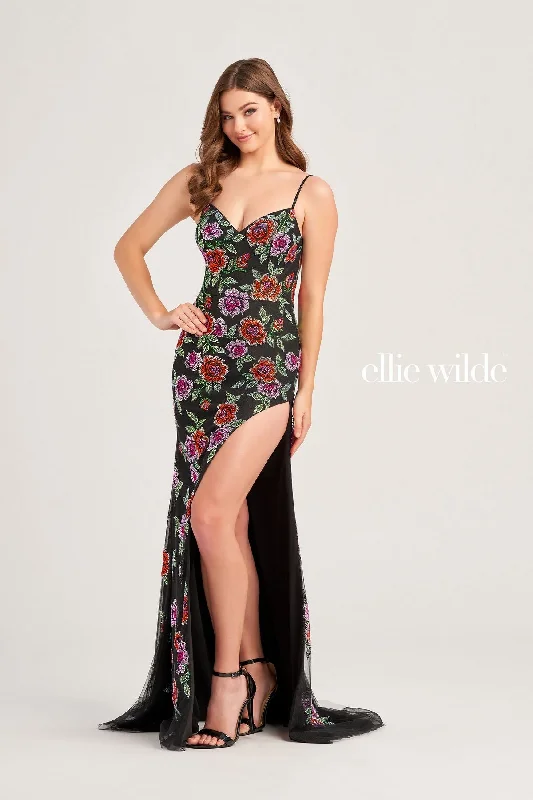 YEAR-End Clearance Ellie Wilde EW35069  Fitted Long Formal Floral Beaded Prom Gown
