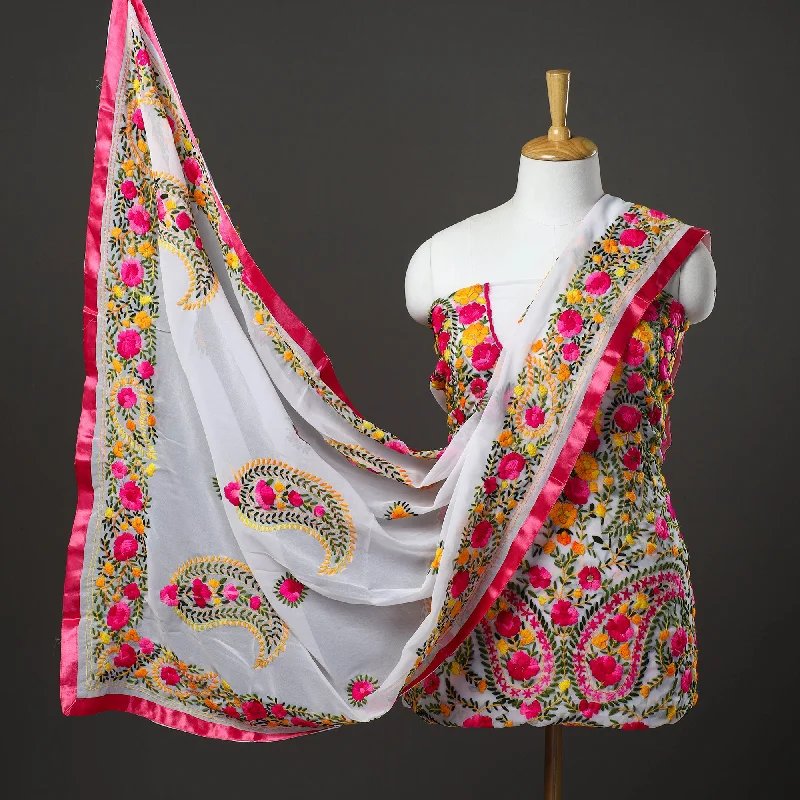 Steals and Deals White - 3pc Hand Embroidery Georgette Phulkari Dress Material 14