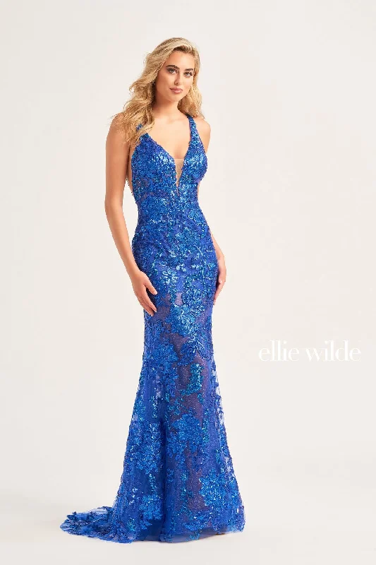 Best Bargains Ellie Wilde EW34040 Long Formal Fitted Sequin Prom Dress