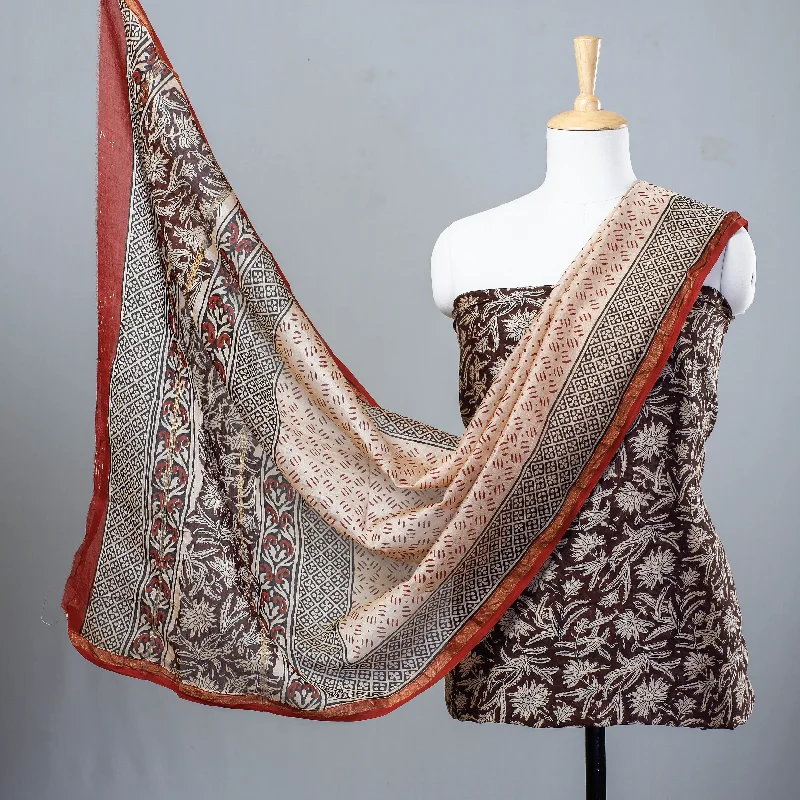 Clearance Event Brown - 3pc Bagru Block Printed Chanderi Silk Suit Material Set