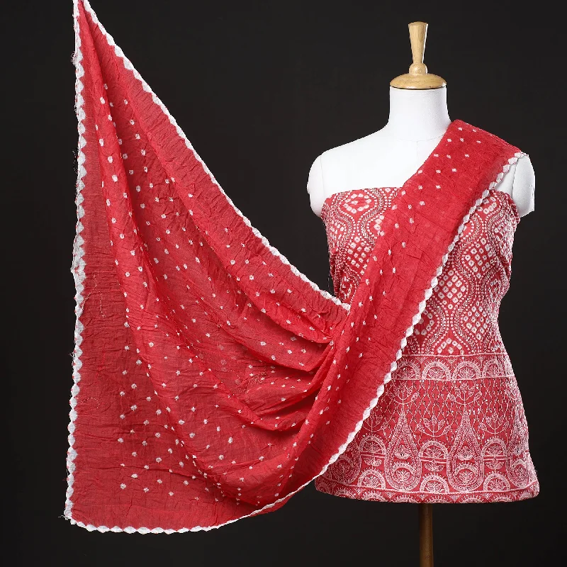 Amazing Deals Red - 3pc Kutch Bandhani Tie-Dye Satin Cotton Suit Material Set