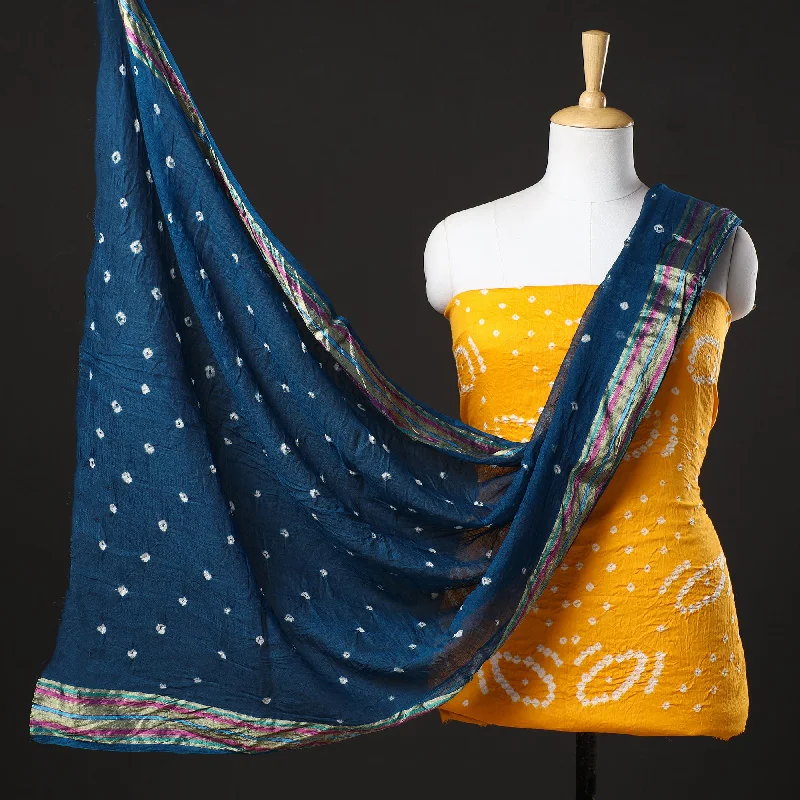 Price Reduction Yellow- 3pc Kutch Bandhani Tie-Dye Satin Cotton Suit Material Set