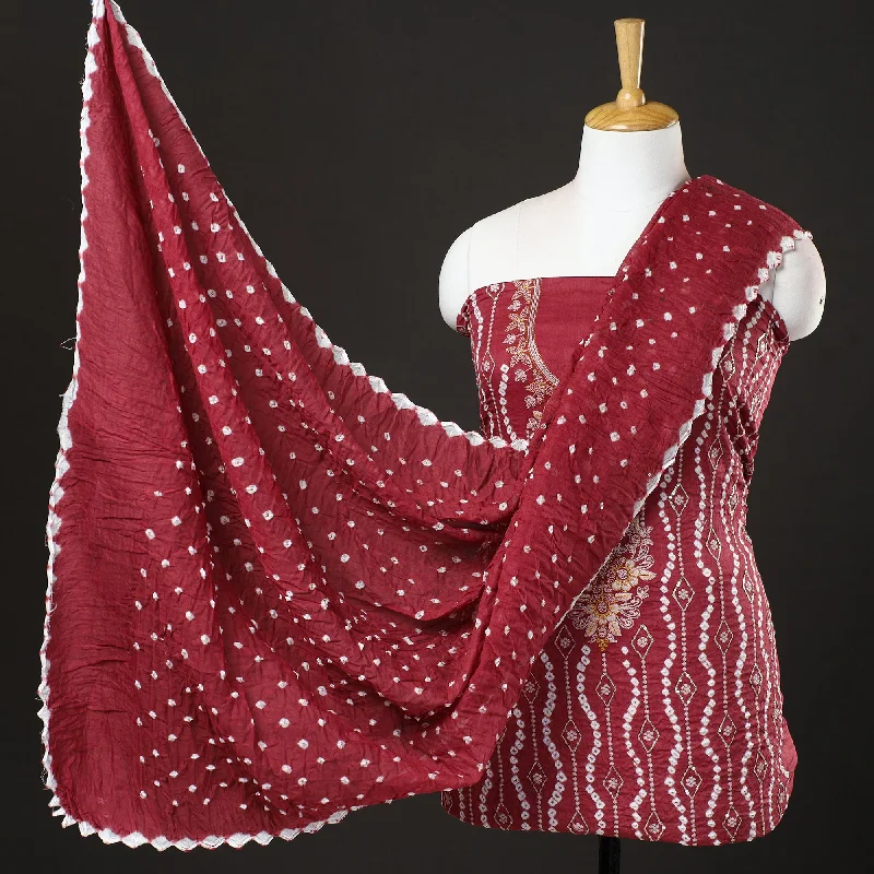 Reduced Prices Maroon - 3pc Kutch Bandhani Tie-Dye Sequin Work Satin Cotton Suit Material Set 25 Reduced Prices Maroon - 3pc Kutch Bandhani Tie-Dye Sequin Work Satin Cotton Suit Material Set 25