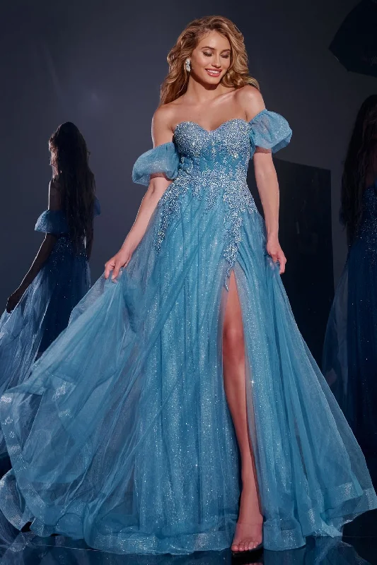 Mega Deal Jovani 40474 Long A Line Formal Glitter Floral Applique Prom Dress