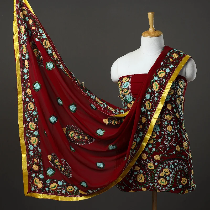 Big Savings Maroon - 3pc Hand Embroidery Georgette Phulkari Dress Material 36